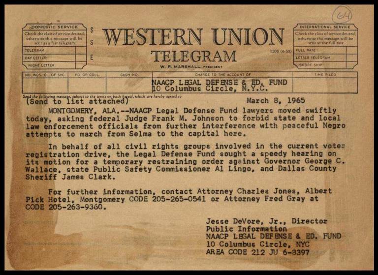 Color photo of a Western Union telegram dated March 8, 1965, describing LDF's efforts to prevent police interference with demonstrators marching from Selma to Montgomery, Alabama.