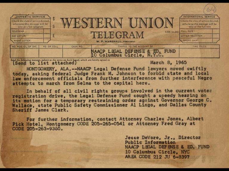 Color photo of a Western Union telegram dated March 8, 1965, describing LDF's efforts to prevent police interference with demonstrators marching from Selma to Montgomery, Alabama.