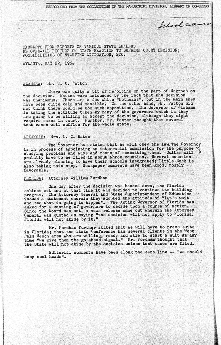 Page 1 of excerpts from reports of various state leaders re: overall picture of state reaction to Supreme Court decision; possibility of starting litigation, etc., dated May 22, 1954.