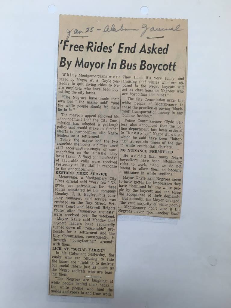 Newspaper clipping entitled, "'Free Rides' End Asked by Mayor in Bus Boycott," with "Alabama Journal" written in pencil at the top of the clipping.