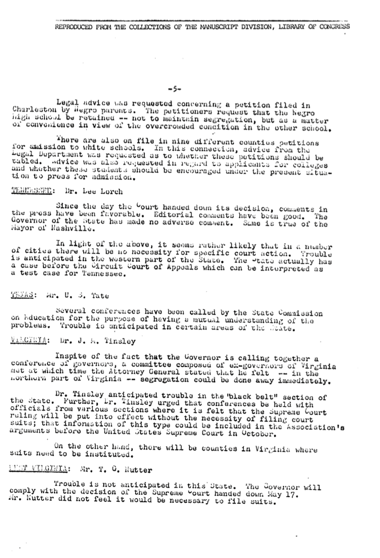 Page 5 of excerpts from reports of various state leaders re: overall picture of state reaction to Supreme Court decision; possibility of starting litigation, etc., dated May 22, 1954.