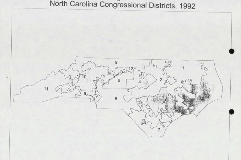 A black-and-white map of North Carolina’s congressional districts in 1992.