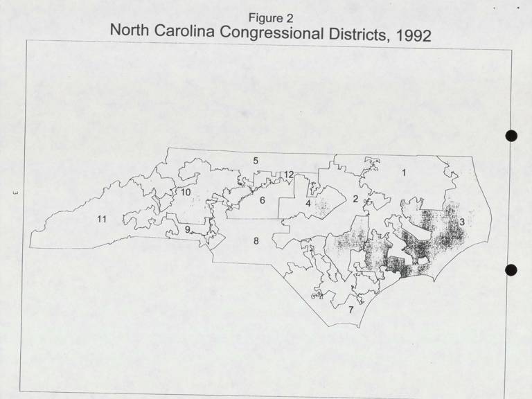 A black-and-white map of North Carolina’s congressional districts in 1992.