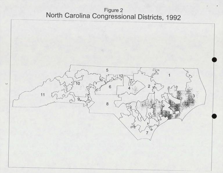 A black-and-white map of North Carolina’s congressional districts in 1992.