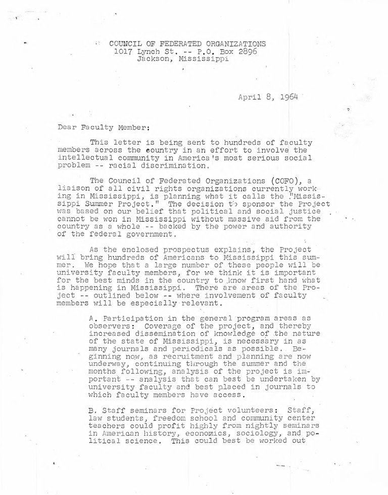 Letter from Council of Federated Organizations (NAACP, SNCC, and CORE) to faculty across the nation re: the Mississippi Summer Project.