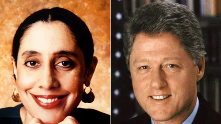 Color headshot photos of Lani Guinier (left) and Bill Clinton (right).