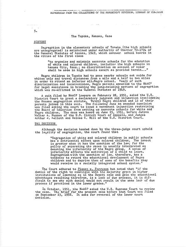 Page 5 of an NAACP memo regarding public school desegregation cases, dated October 9, 1952.