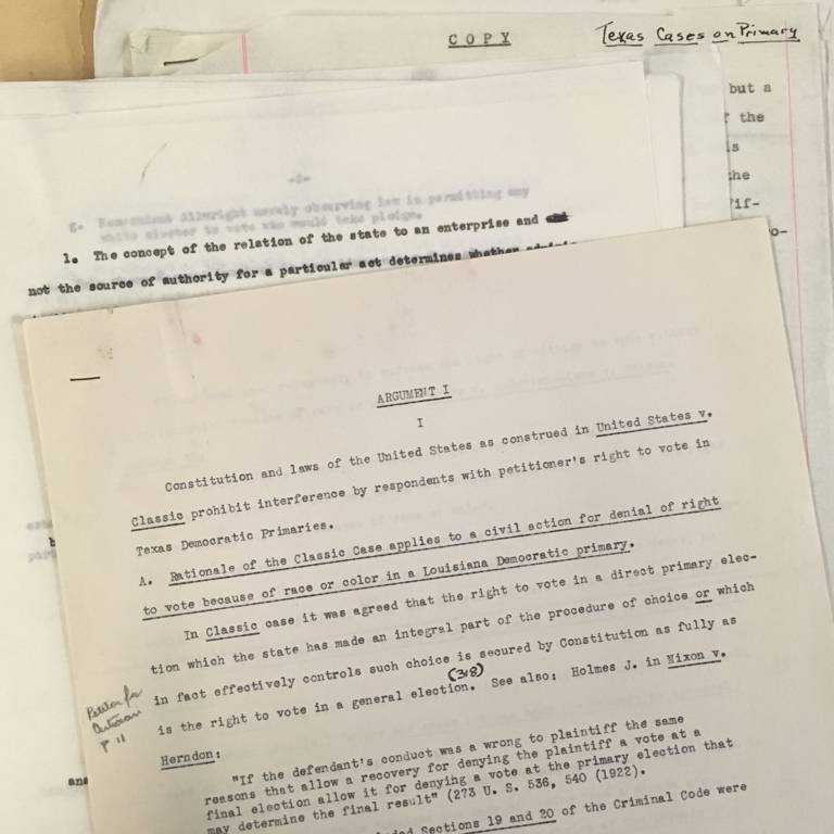 Case documents and papers from the case Smith v. Allwright on a desk.