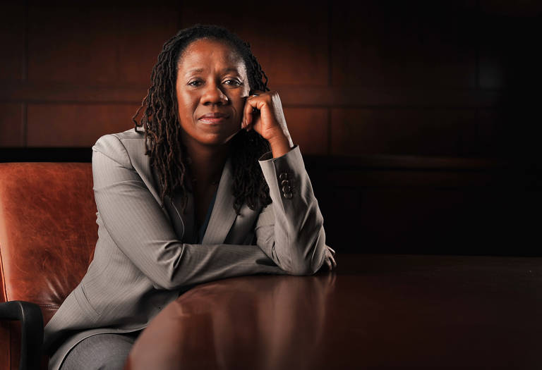 Color photo of Sherrilyn Ifill posing for a portrait at the University of Maryland Francis King Carey School of Law on January 14, 2013, in Baltimore, Maryland.