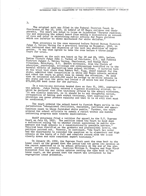 Page 3 of an NAACP memo regarding public school desegregation cases, dated October 9, 1952.