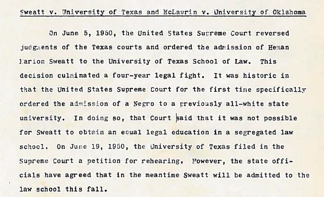 Excerpt from a monthly report on Sweatt v. University of Texas and McLaurin v. University of Oklahoma.