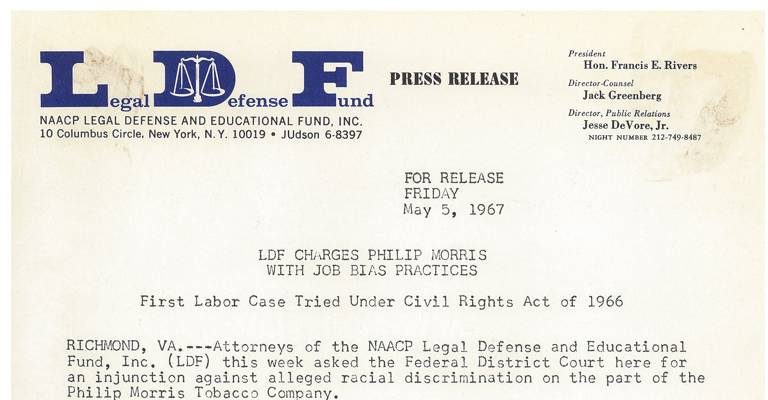 LDF May 1967 Press Release. Letterhead up top is blue, with large letters reading "LDF." The title reads, "LDF charges Philip Morris with job bias practices."