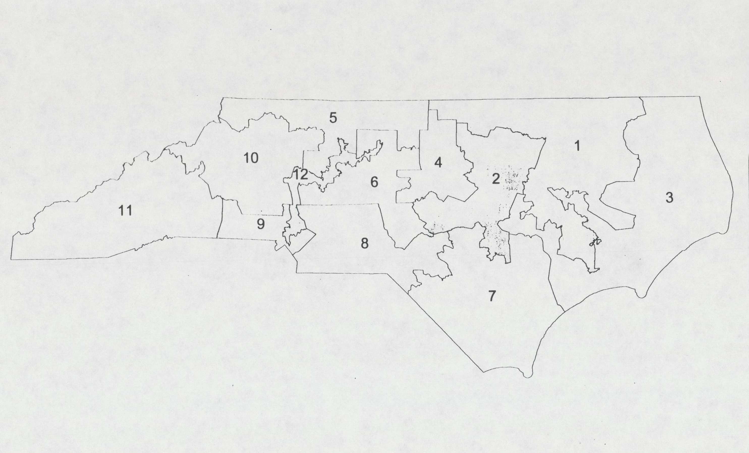 A black-and-white map of North Carolina’s congressional districts in 1992.