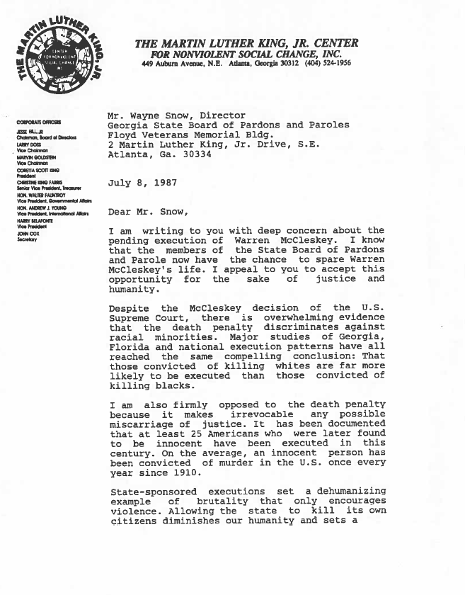 A clemency letter on behalf of Warren McCleskey from Coretta Scott King, dated July 8, 1987.