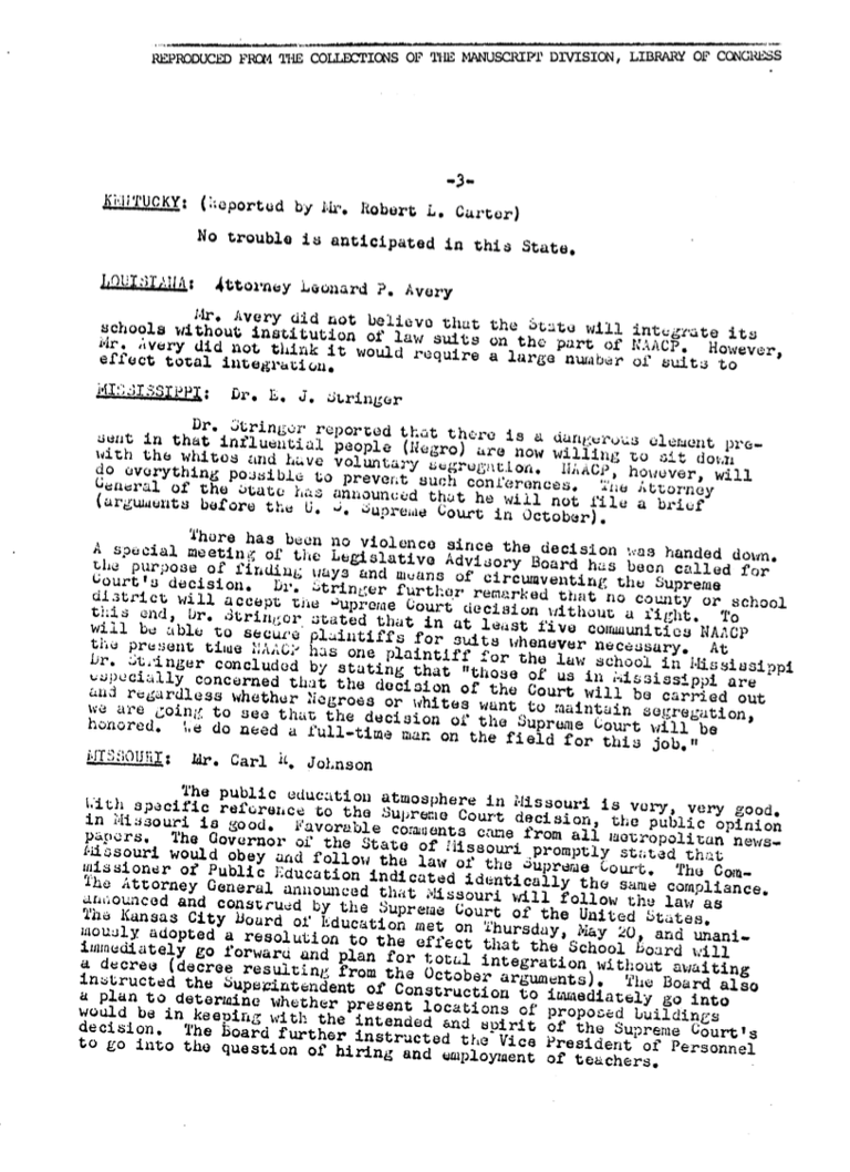 Page 3 of excerpts from reports of various state leaders re: overall picture of state reaction to Supreme Court decision; possibility of starting litigation, etc., dated May 22, 1954.