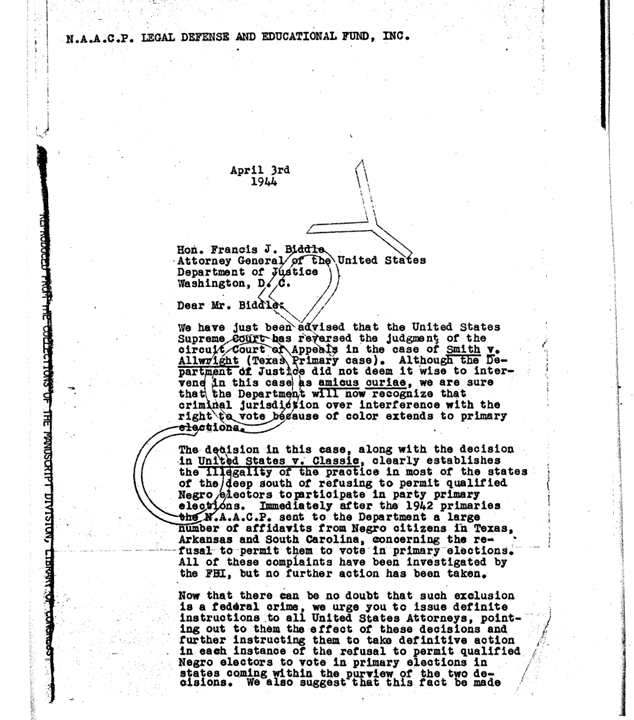 Correspondence between Thurgood Marshall and U.S. Attorney General Francis Biddle, April 1944.