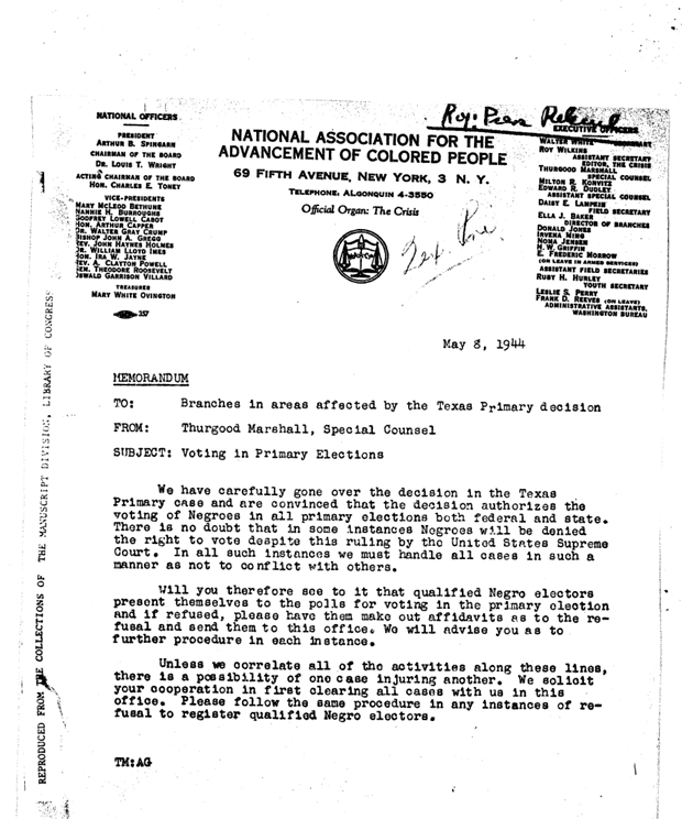 Memo from Thurgood Marshall regarding Smith v. Allwright's impact, May 1944.