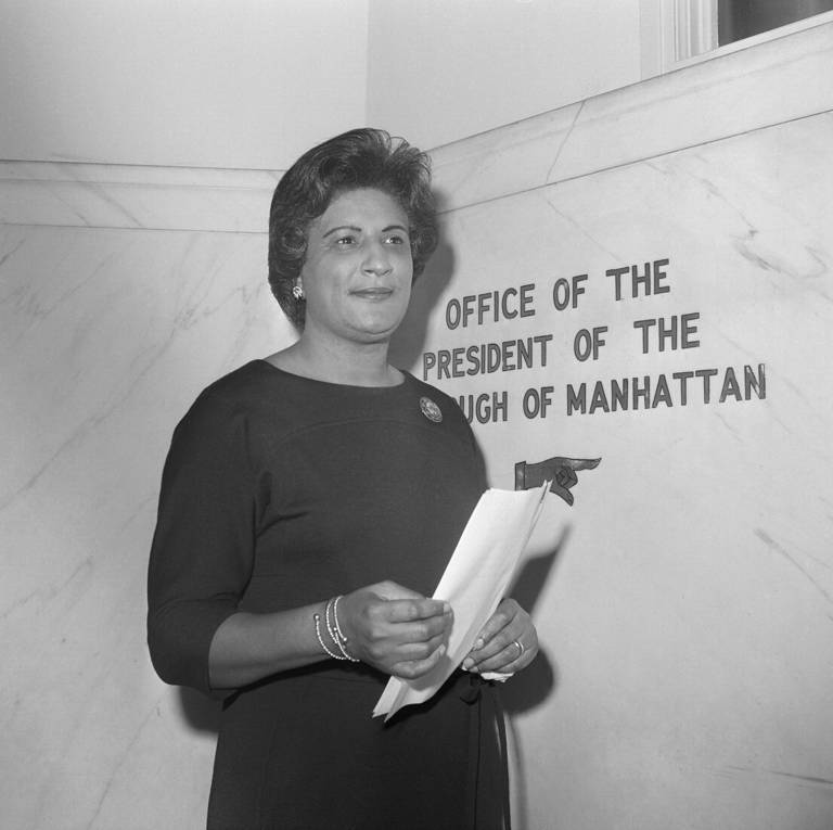 Black-and-white photo of Constance Baker Motley at a press conference at her Manhattan Borough President office in New York City on January 26, 1966.