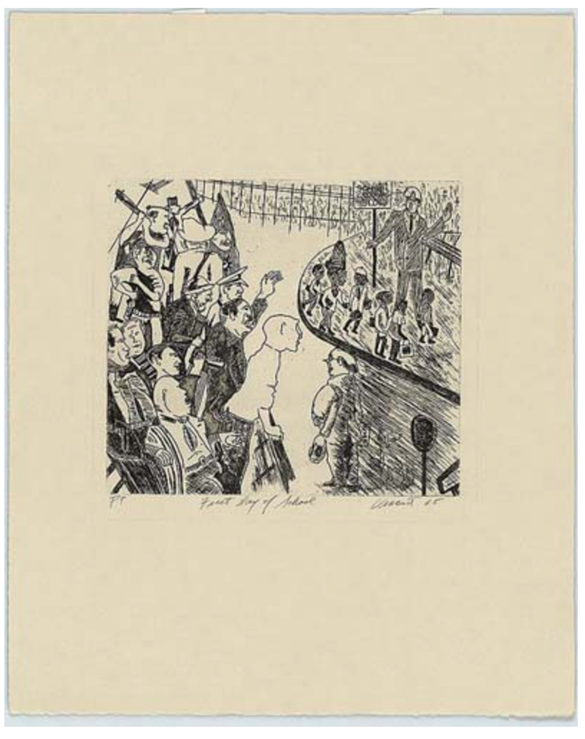 A political cartoon showing an angry mob of white people shouting at a group of young Black children.